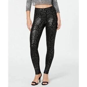 HUE Black Foil Damask Leggings Size L Metallic Print Pull On Pants
